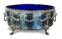 A Neoclassical Style Silver Plate Footed Dish with Cobalt Glass Liner