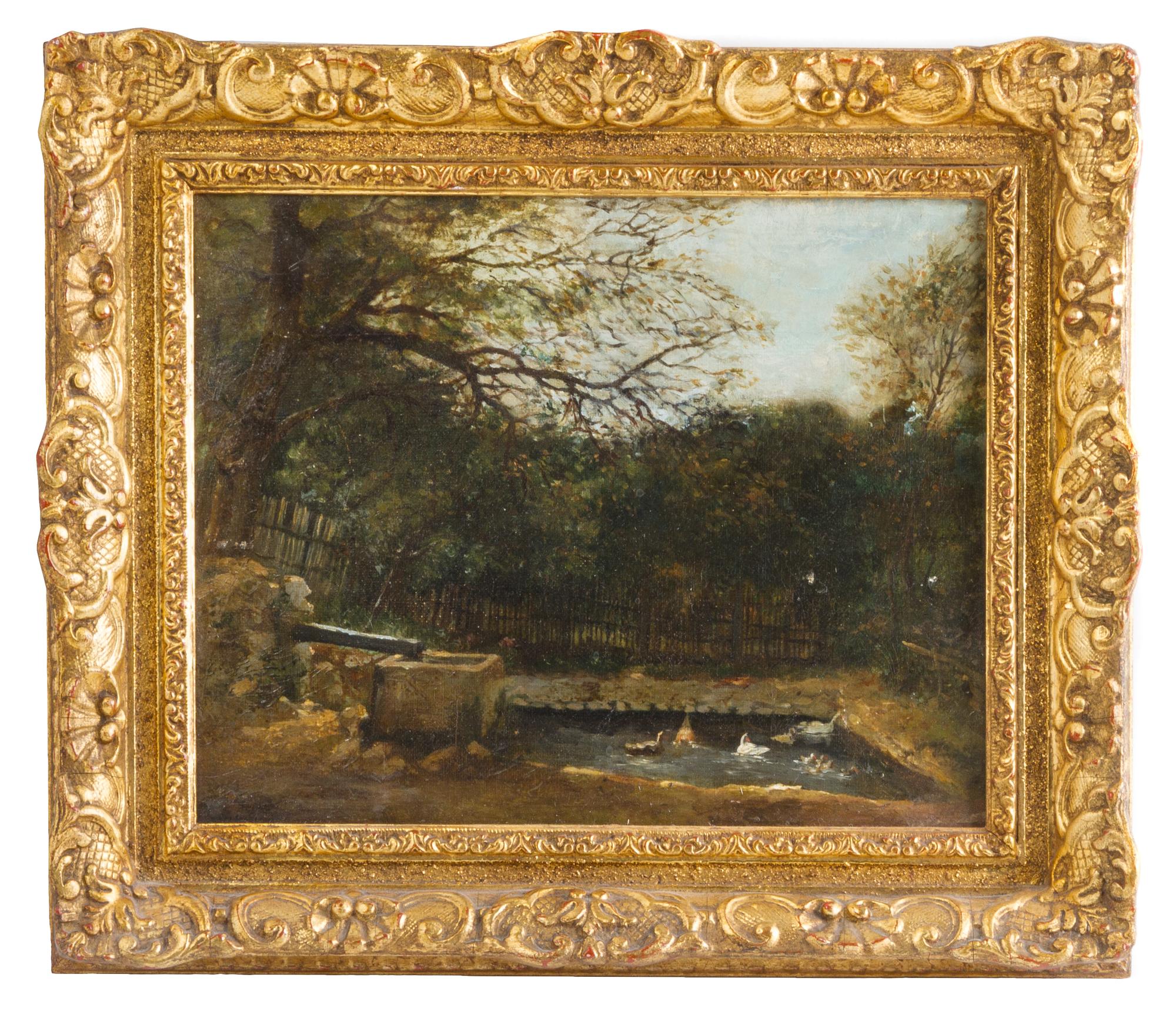 Attributed to Charles Daubigny, (French, 1817-1878), Landscape with Ducks and Pond