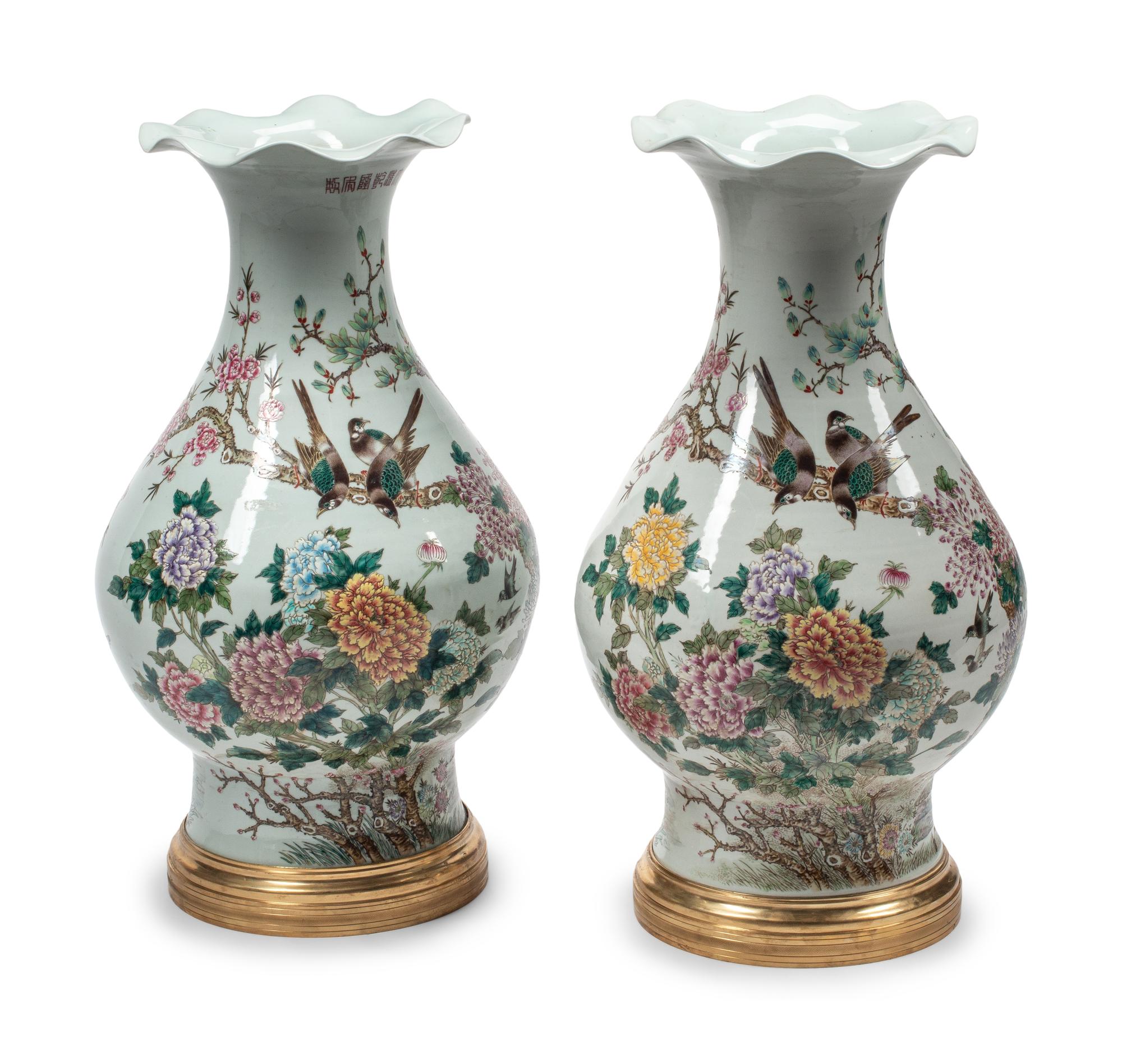 A Pair of Large Gilt Bronze Mounted Famille Rose Porcelain Vases