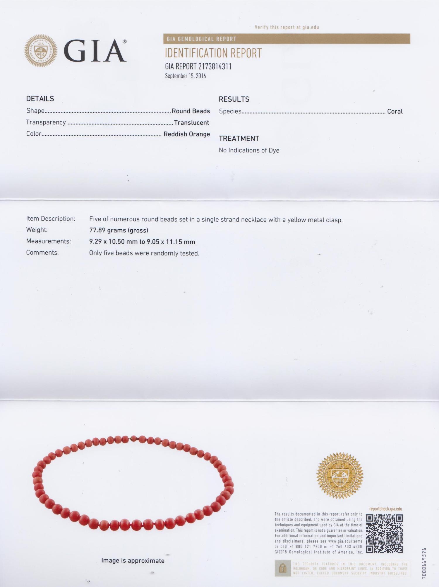 A Single Stranded Graduated Coral Bead Necklace, 50.20 dwts.