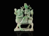 A Chinese jadeite figure of a meiren on a fabulous beast 翡翠雕仙人逸獸