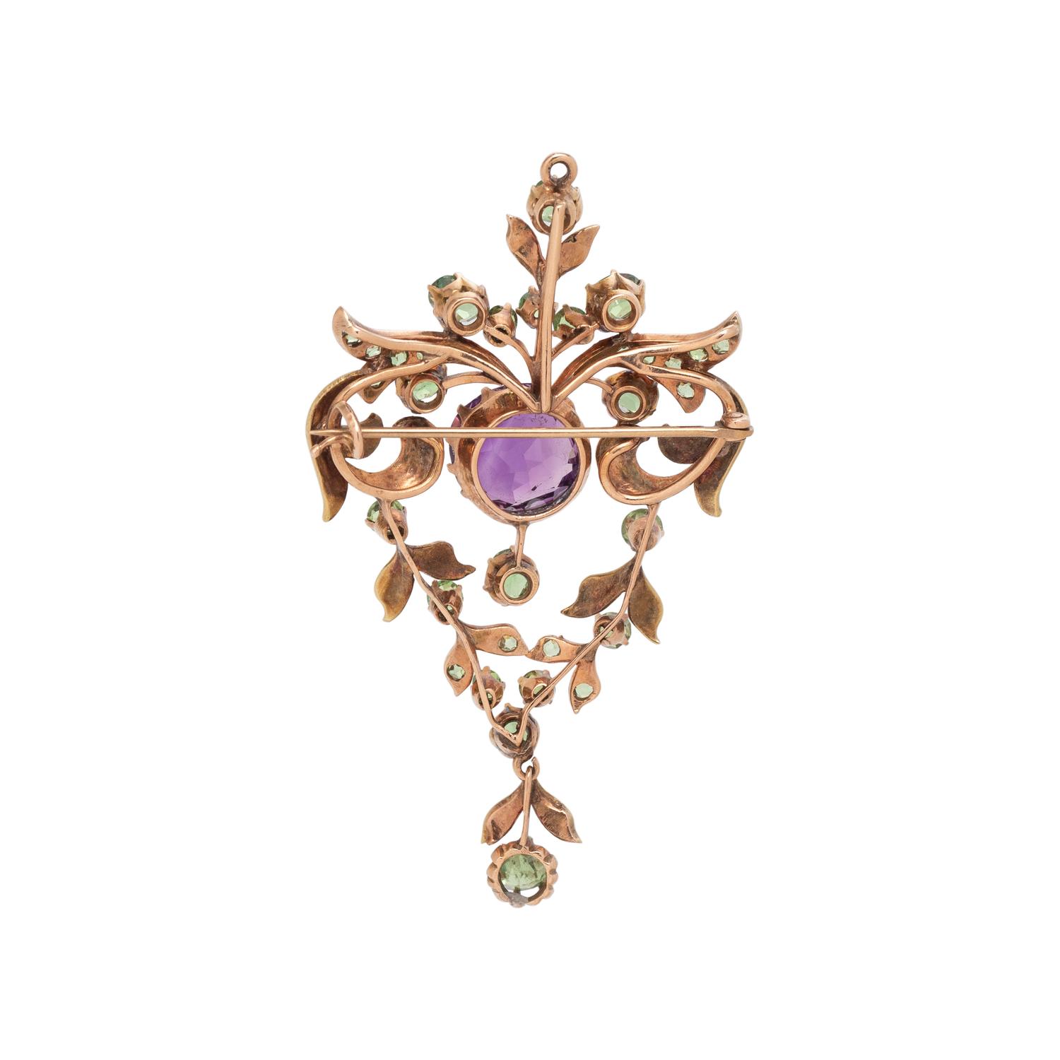 RUSSIAN, ART NOUVEAU, BICOLOR GOLD, AMETHYST AND DEMANTOID GARNET PENDANT/NECKLACE