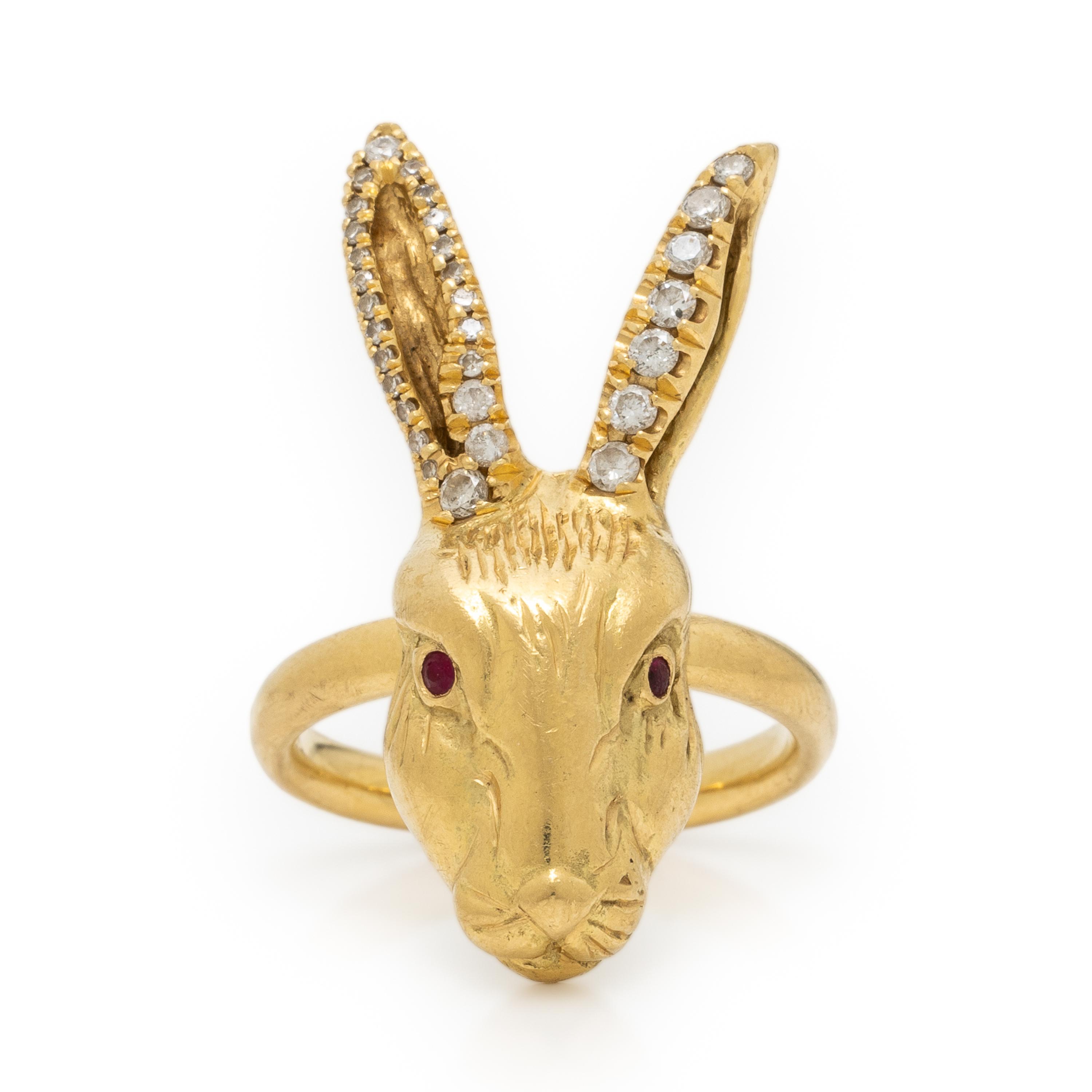 House of Ravn, 'Wonderland', Yellow Gold, Diamond, and Ruby Rabbit Ring
