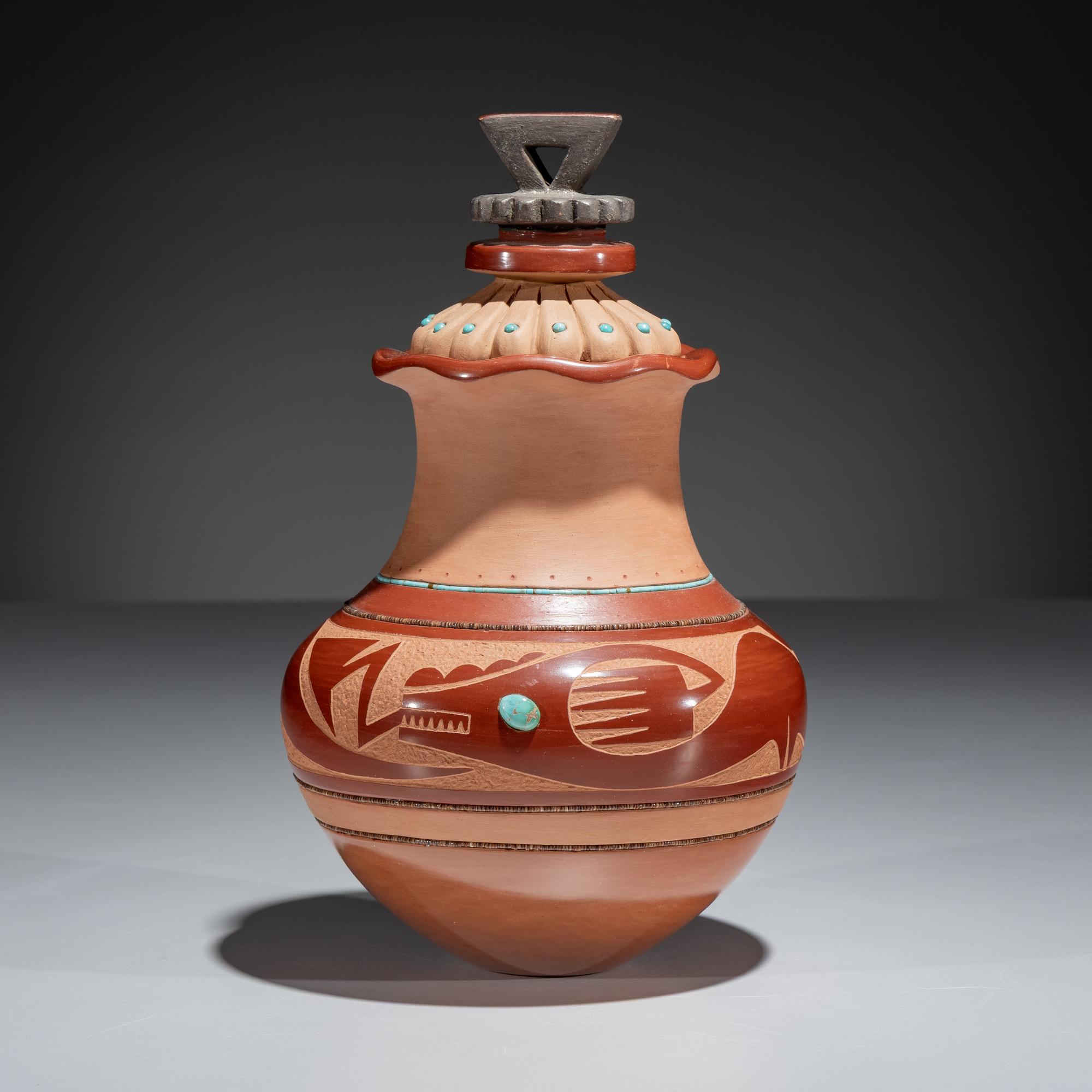 Carved Three-Toned Pottery Jar, with Turquoise Beads