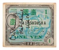 [WORLD WAR II]. NIMITZ, Chester W. (1885-1966). Autographed Japanese military currency banknote.