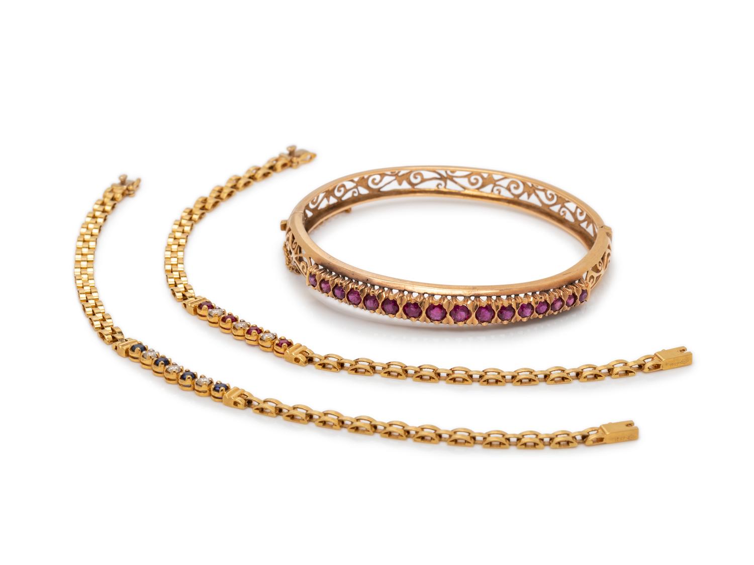 COLLECTION OF YELLOW GOLD AND GEMSTONE BRACELETS
