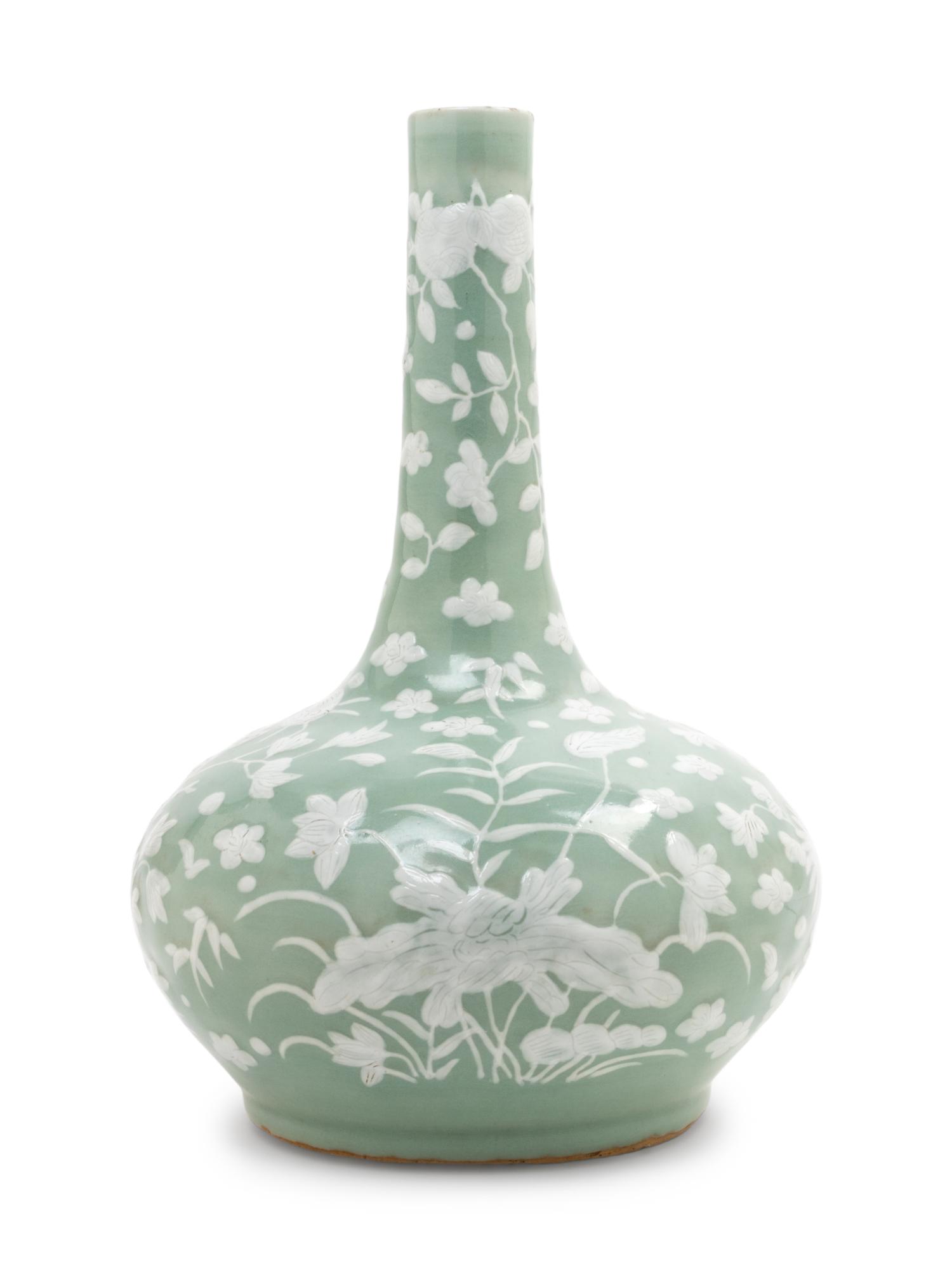 A Celadon Ground White Slip-Decorated Porcelain Bottle Vase