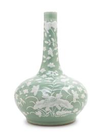 A Celadon Ground White Slip-Decorated Porcelain Bottle Vase