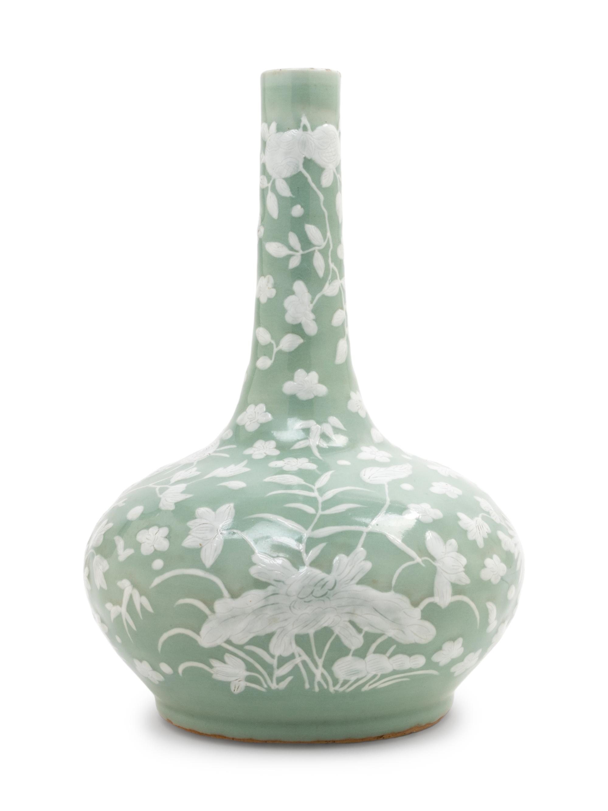 A Celadon Ground White Slip-Decorated Porcelain Bottle Vase