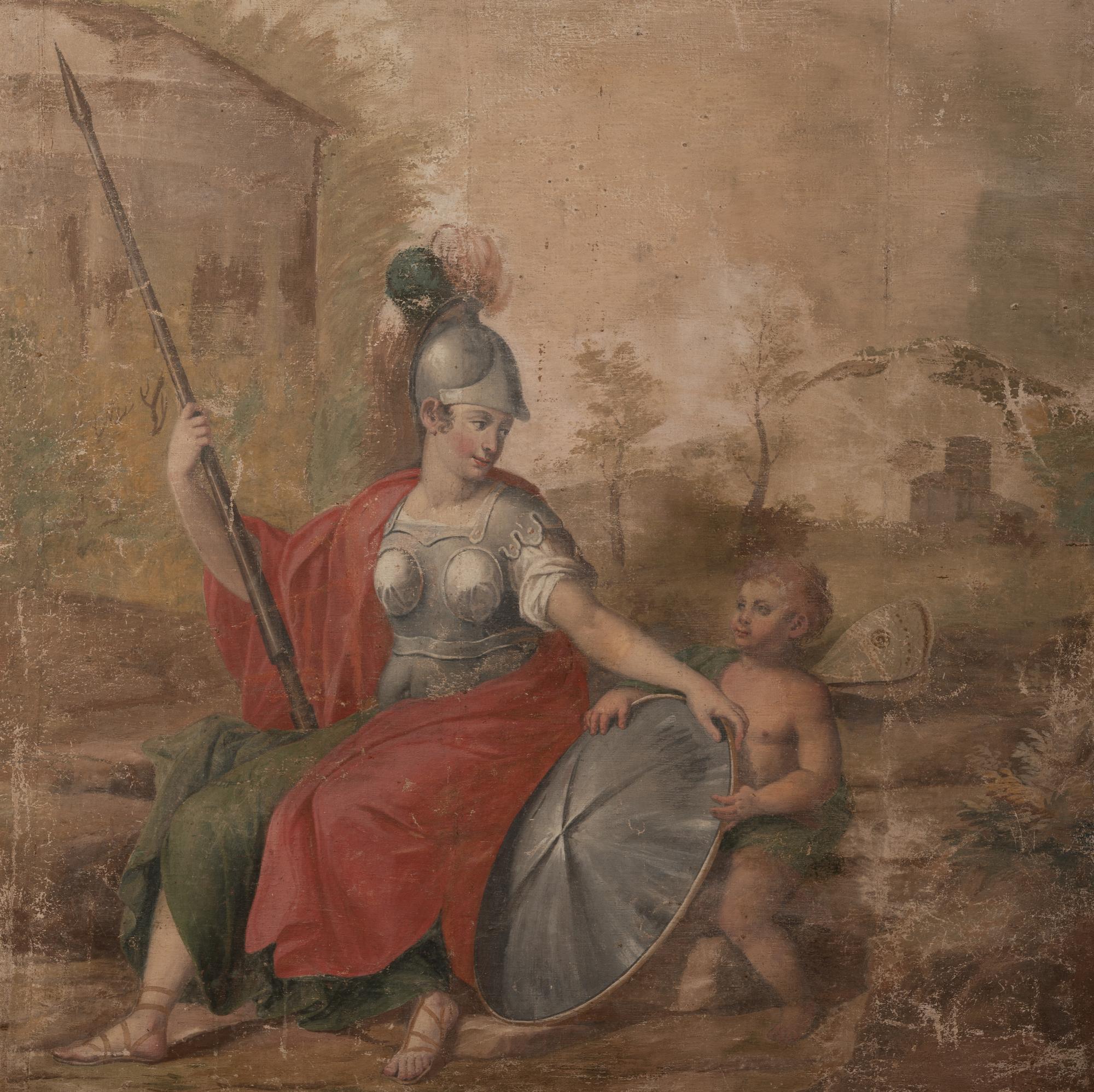 A Continental Painted Canvas Scenic Panel