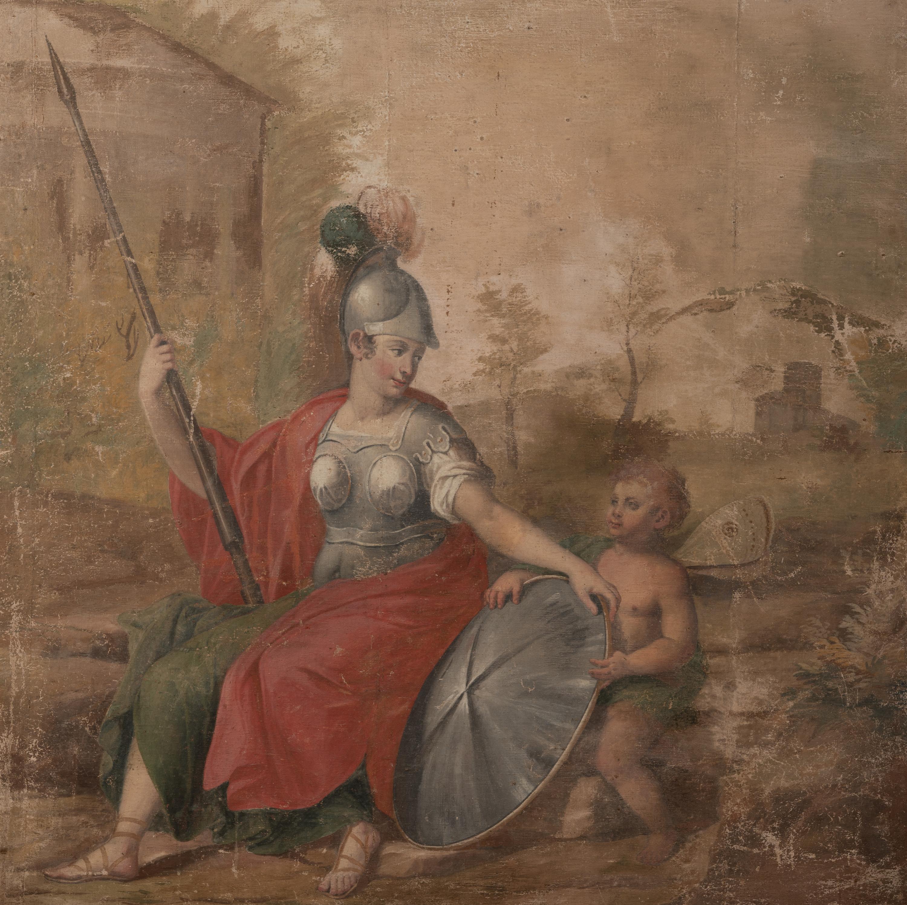 A Continental Painted Canvas Scenic Panel