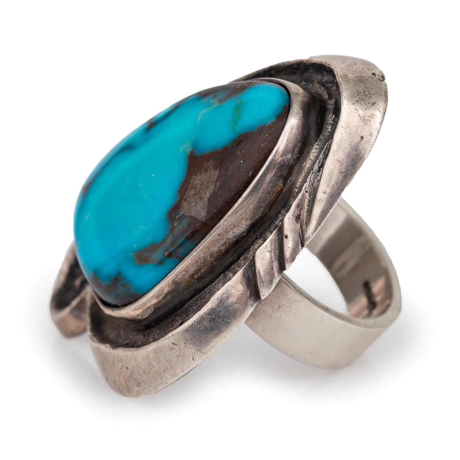 Tufa Cast Silver Ring, Set with a Bisbee Turquoise Cabochon