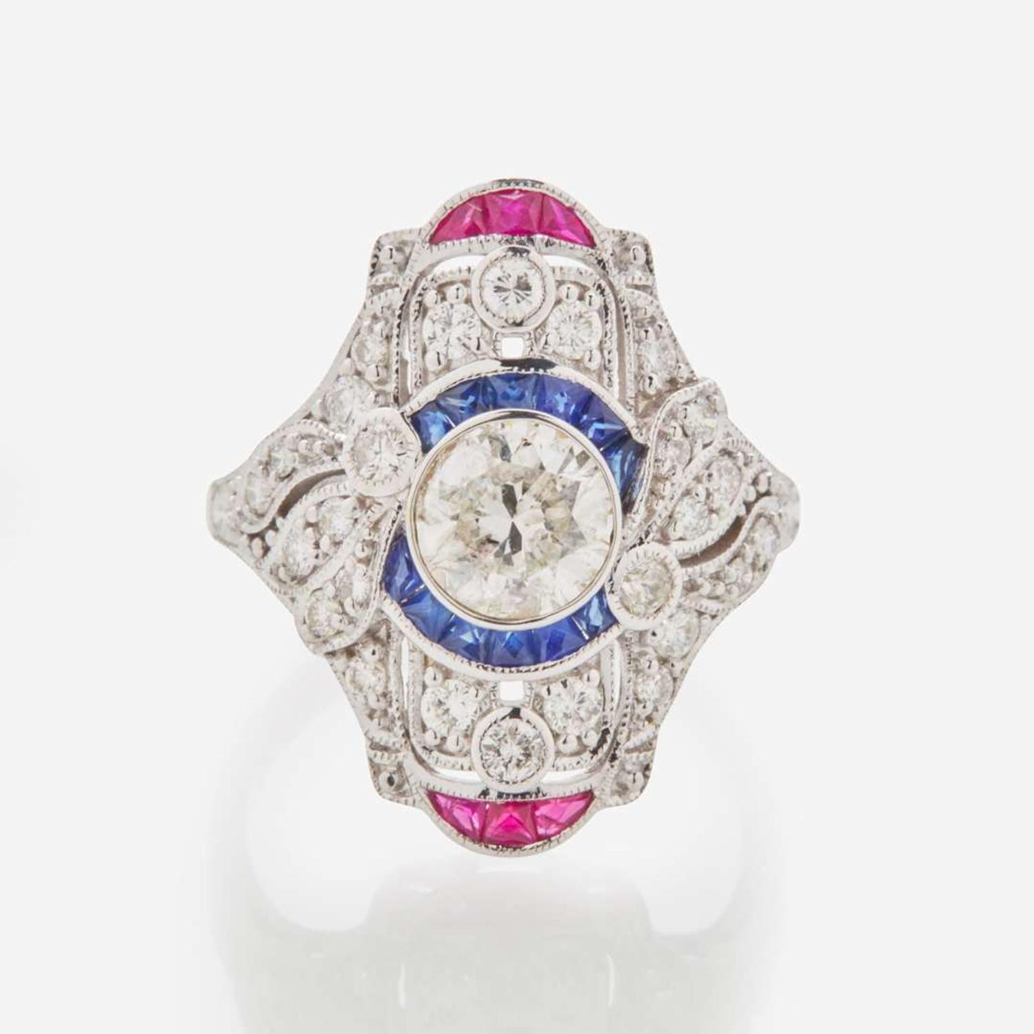 A Diamond, Sapphire, Ruby and 18K White Gold Ring
