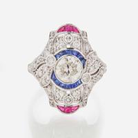 A Diamond, Sapphire, Ruby and 18K White Gold Ring