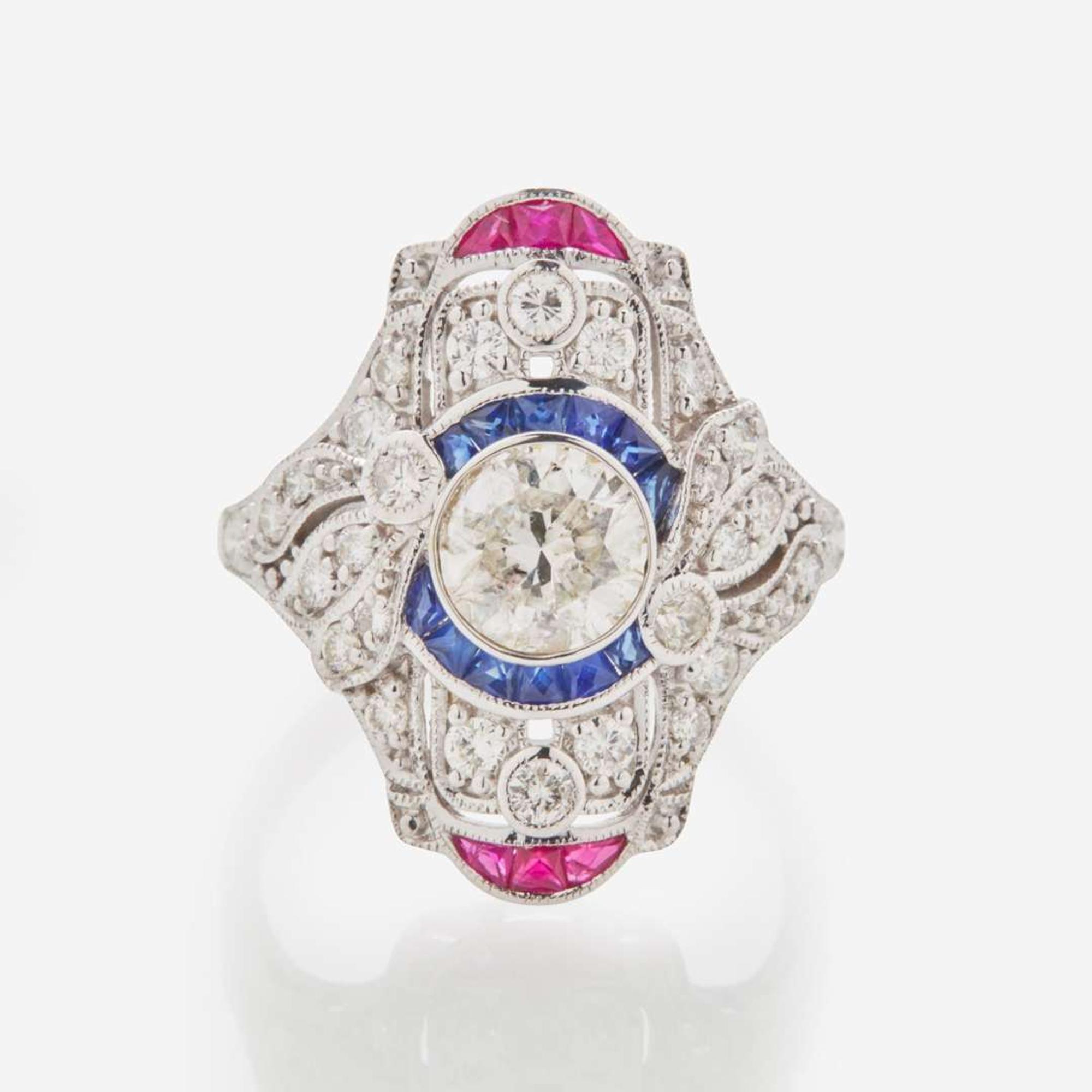 A Diamond, Sapphire, Ruby and 18K White Gold Ring