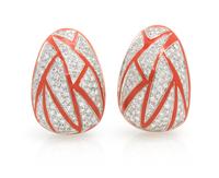 A Pair of 18 Karat White Gold, Diamond and Enamel Earclips, 23.70 dwts.