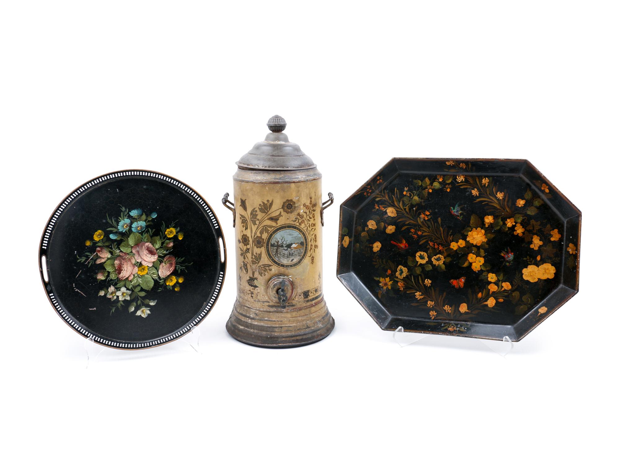 A Group of Three Tole Painted Serving Articles