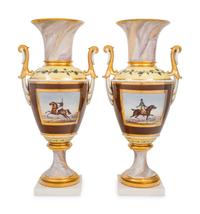 A Pair of Continental Faux Marble, Yellow and Chocolate Brown-Ground Porcelain Vases