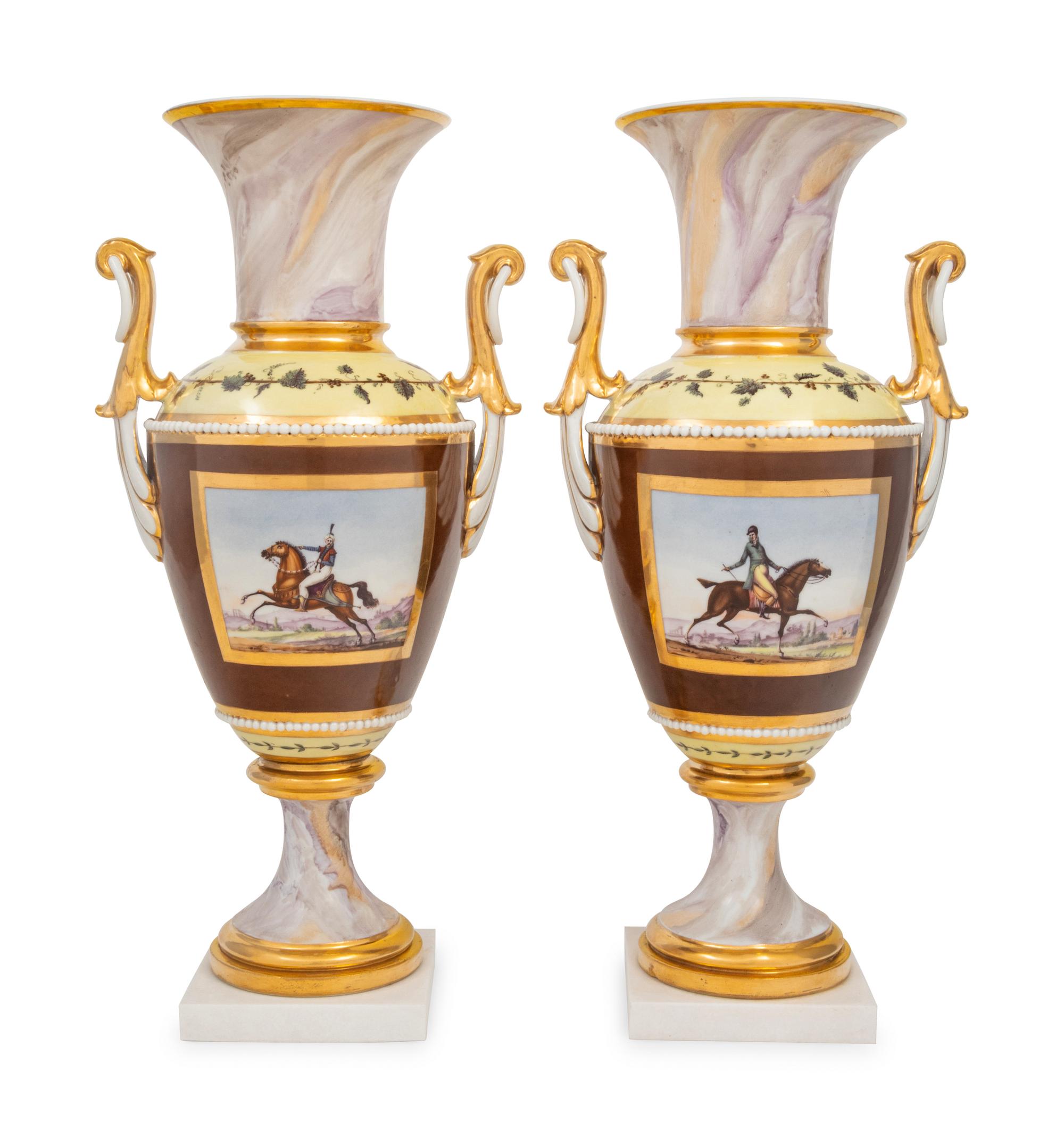 A Pair of Continental Faux Marble, Yellow and Chocolate Brown-Ground Porcelain Vases