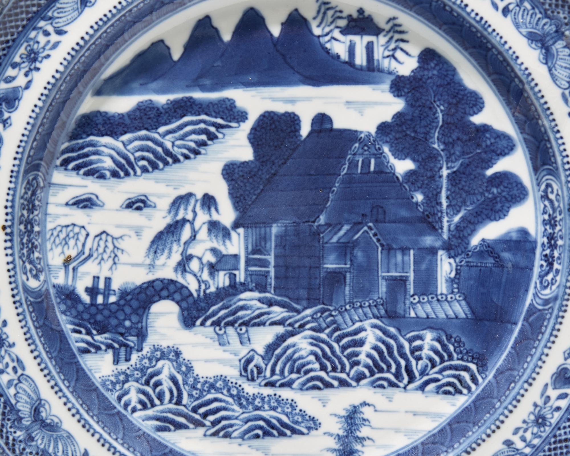 A Rare Pair of Chinese Export Porcelain Log Cabin or Pearl River House near Canton Pattern Plates