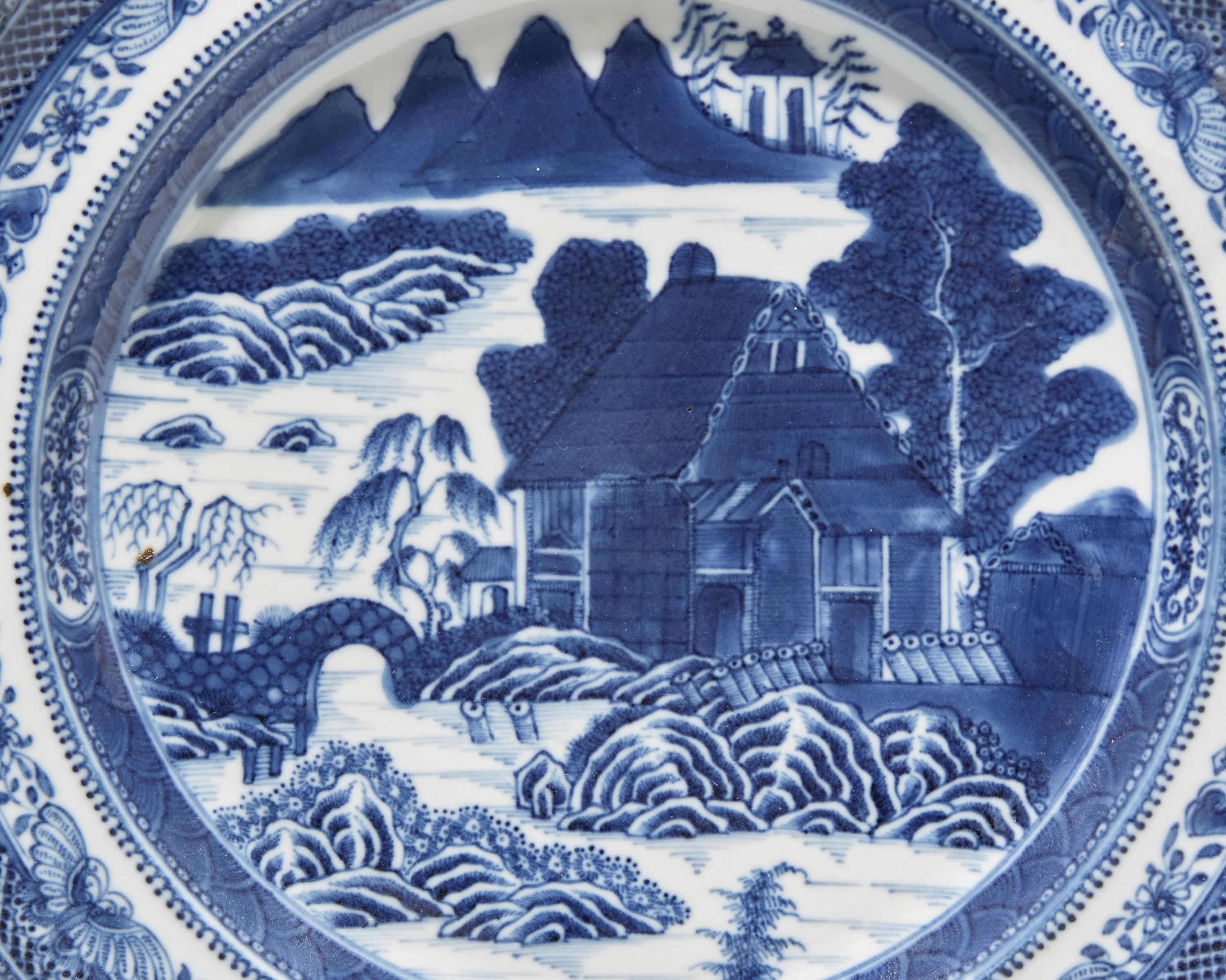 A Rare Pair of Chinese Export Porcelain Log Cabin or Pearl River House near Canton Pattern Plates