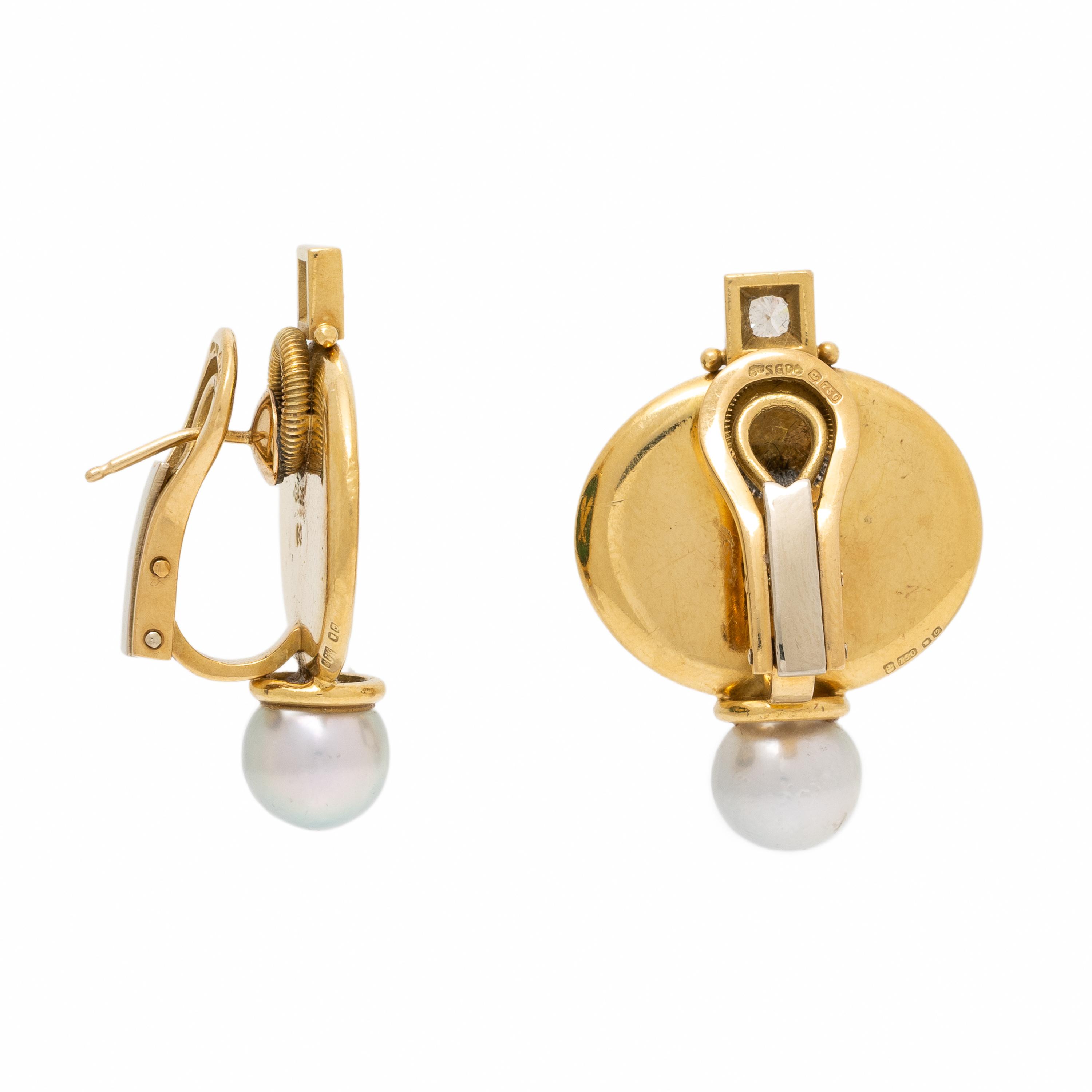 Elizabeth Gage, Enamel, Pearl, and Diamond Earrings