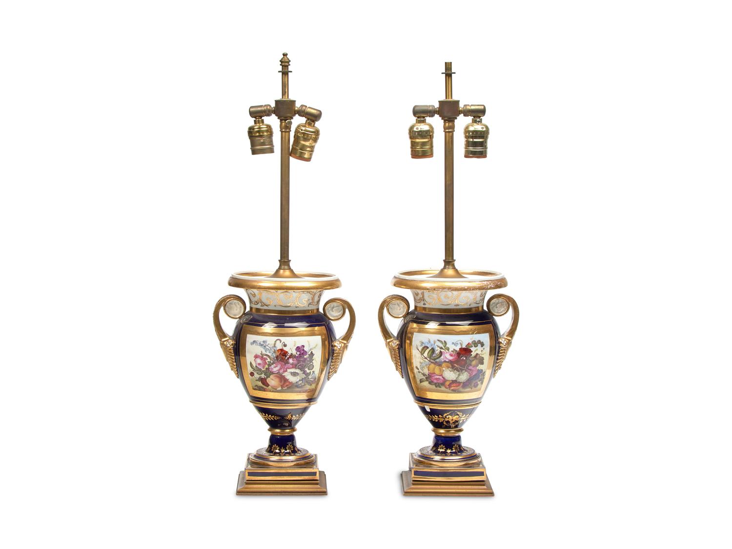 A Pair of English Porcelain Cobalt-Blue Urns Mounted as Lamps
