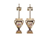 A Pair of English Porcelain Cobalt-Blue Urns Mounted as Lamps