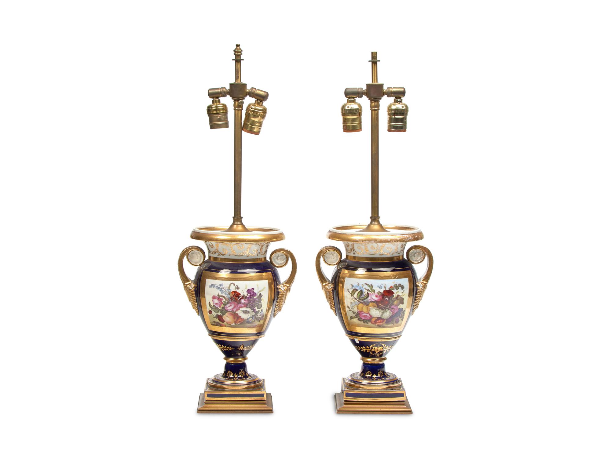 A Pair of English Porcelain Cobalt-Blue Urns Mounted as Lamps
