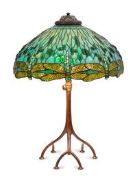 A Leaded Glass and Patinated Metal Dragonfly Table Lamp