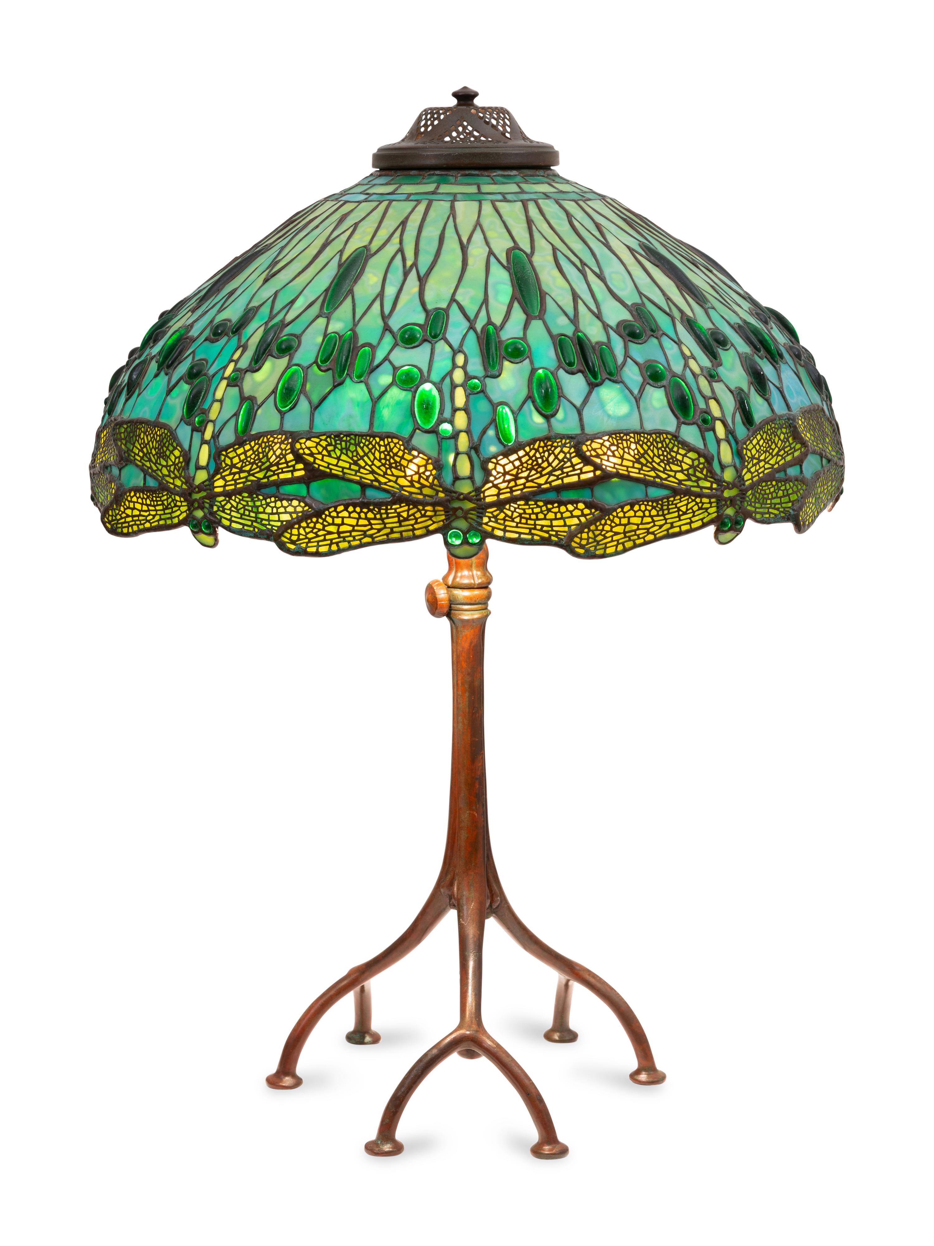 A Leaded Glass and Patinated Metal Dragonfly Table Lamp