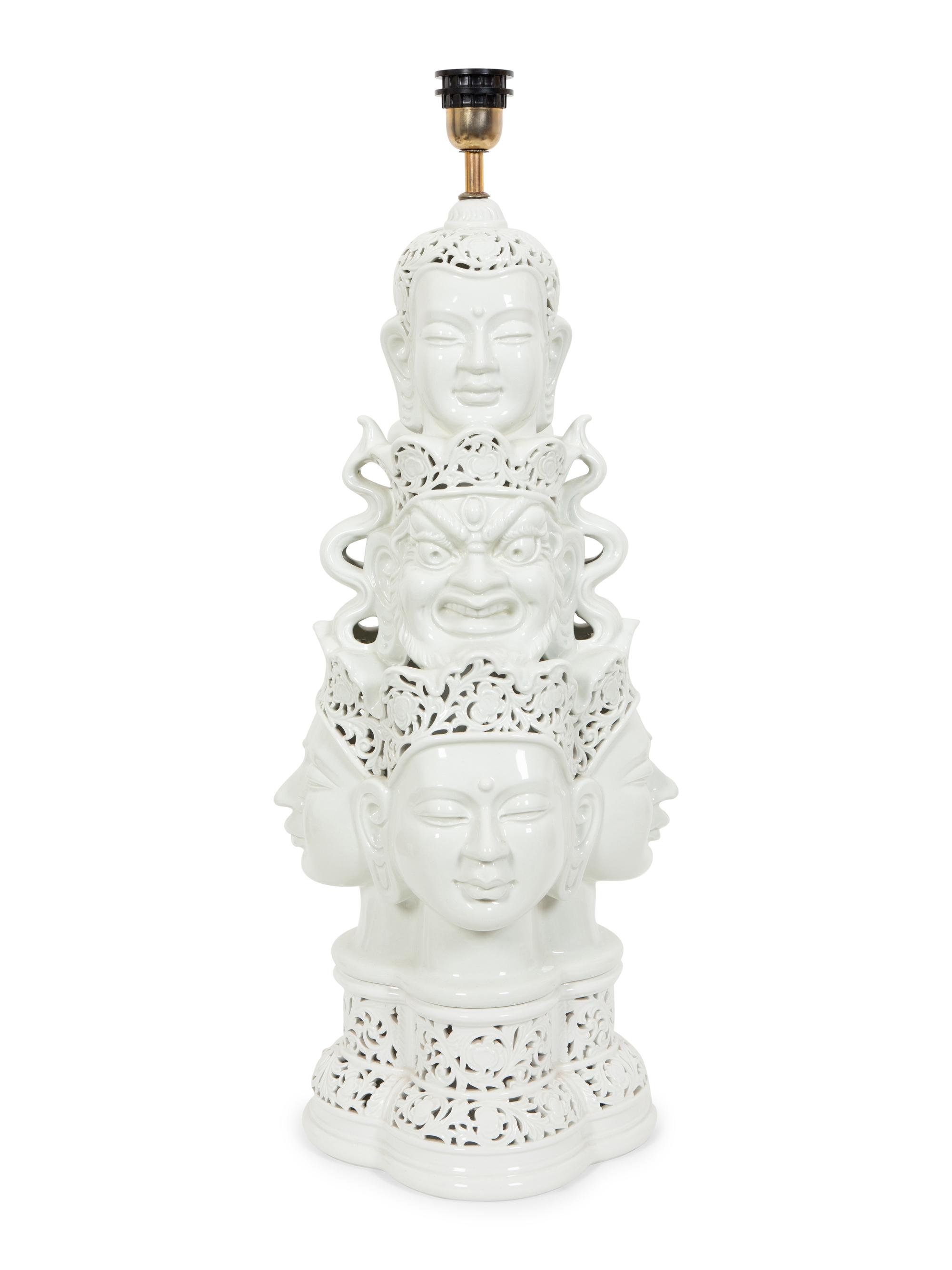A Contemporary Blanc de Chine Porcelain Table Lamp with Mulit-Face Design