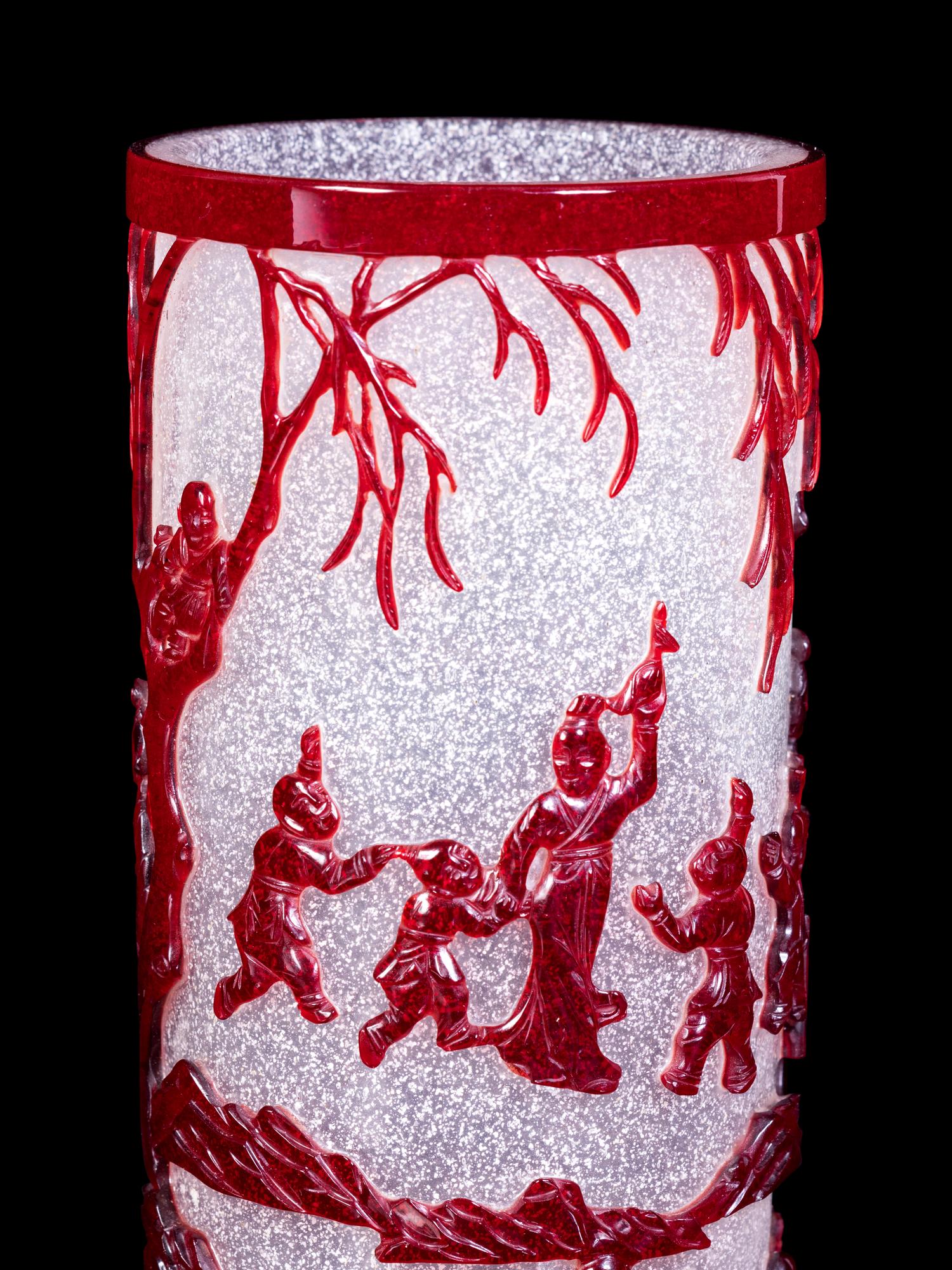 Two Chinese Ruby-Red Overlay Snowflake Ground Glass Vessels