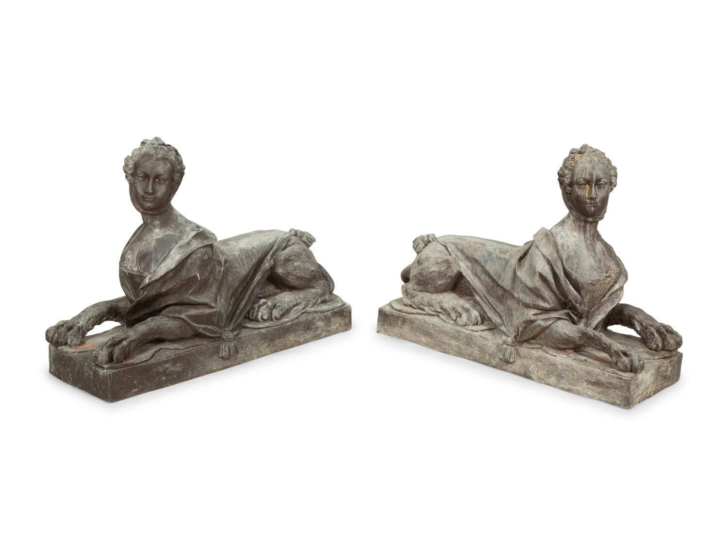A Pair of Patinated Fiberglass Sphinxes