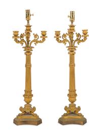 A Pair of Charles X Gilt Bronze Three-Light Candelabra Mounted as Lamps