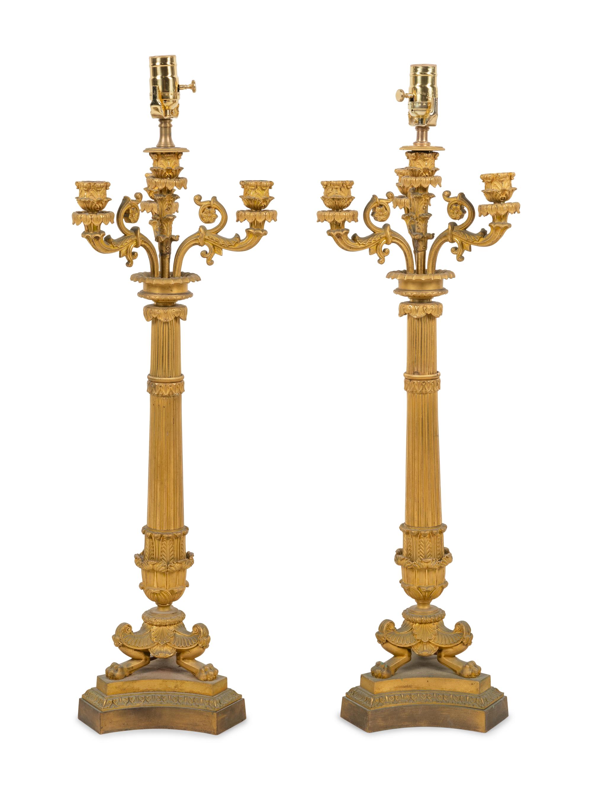 A Pair of Charles X Gilt Bronze Three-Light Candelabra Mounted as Lamps