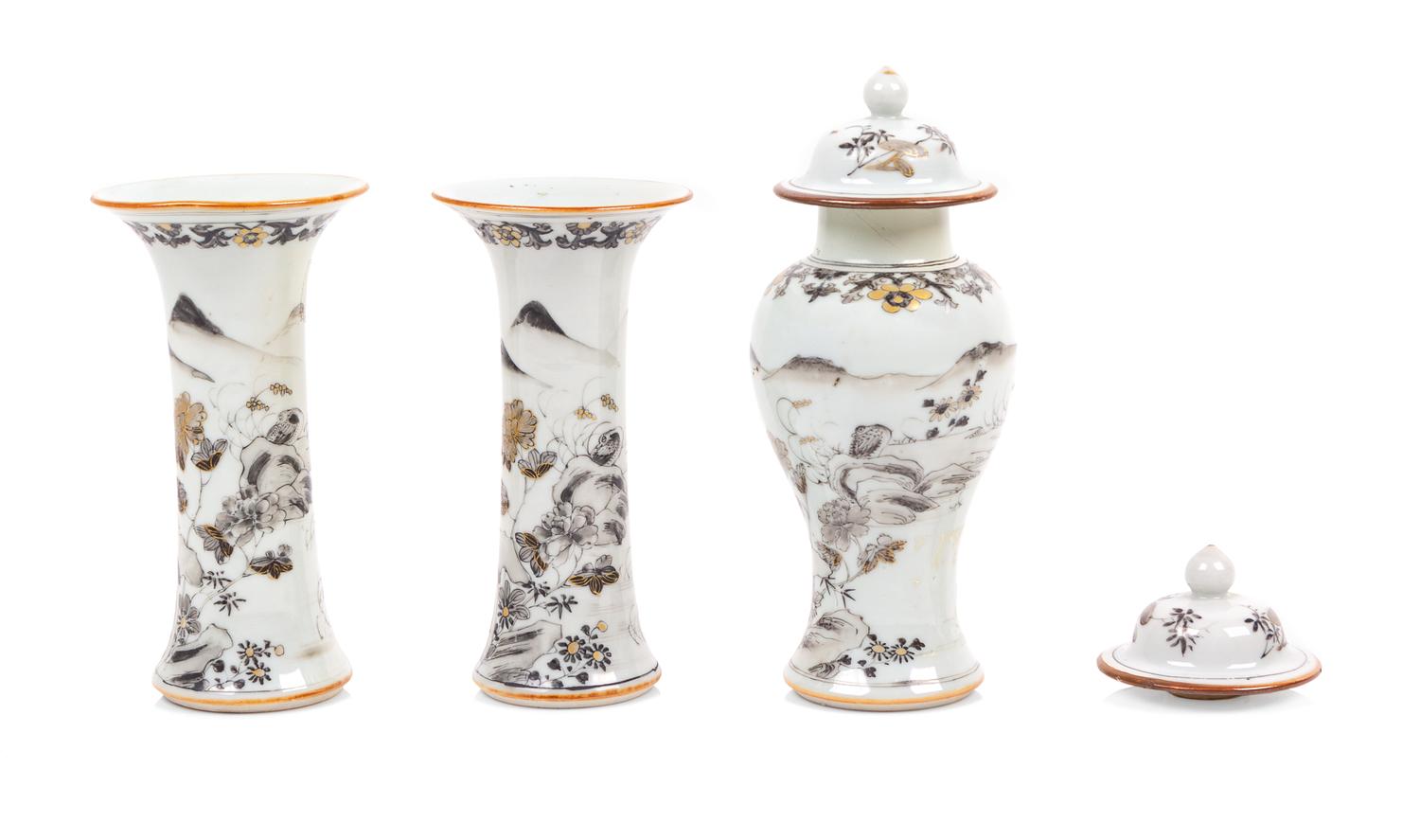Three Chinese Export Grisalle Painted Porcelain Vases