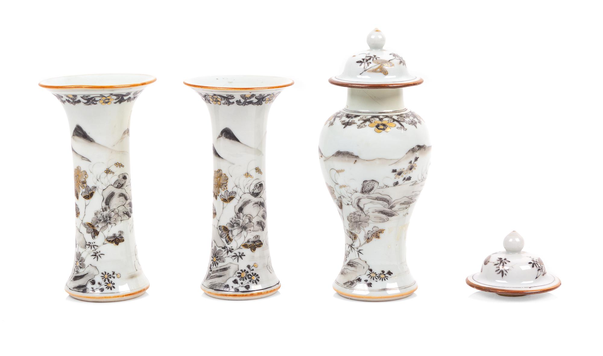Three Chinese Export Grisalle Painted Porcelain Vases