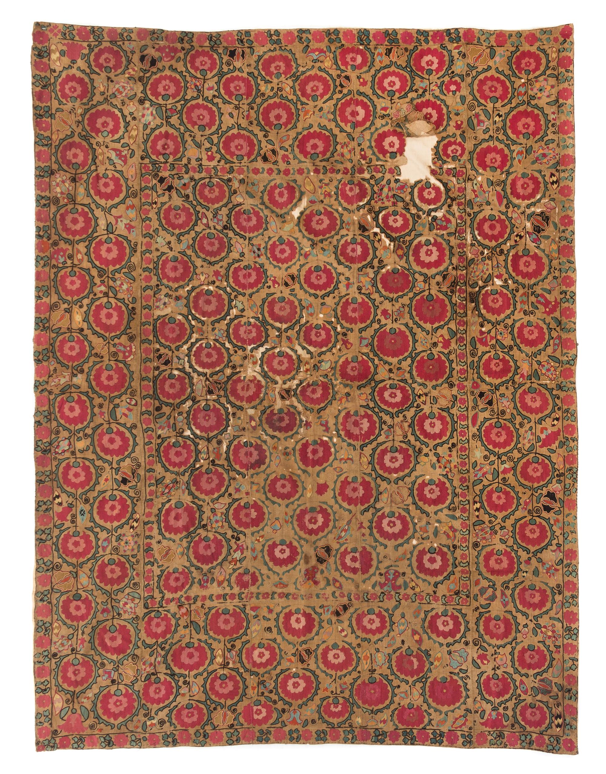 A Ura Tube Suzani Embroidery 7 feet 1 1/4 inches x 5 feet 5 inches. — 18TH/19TH CENTURY