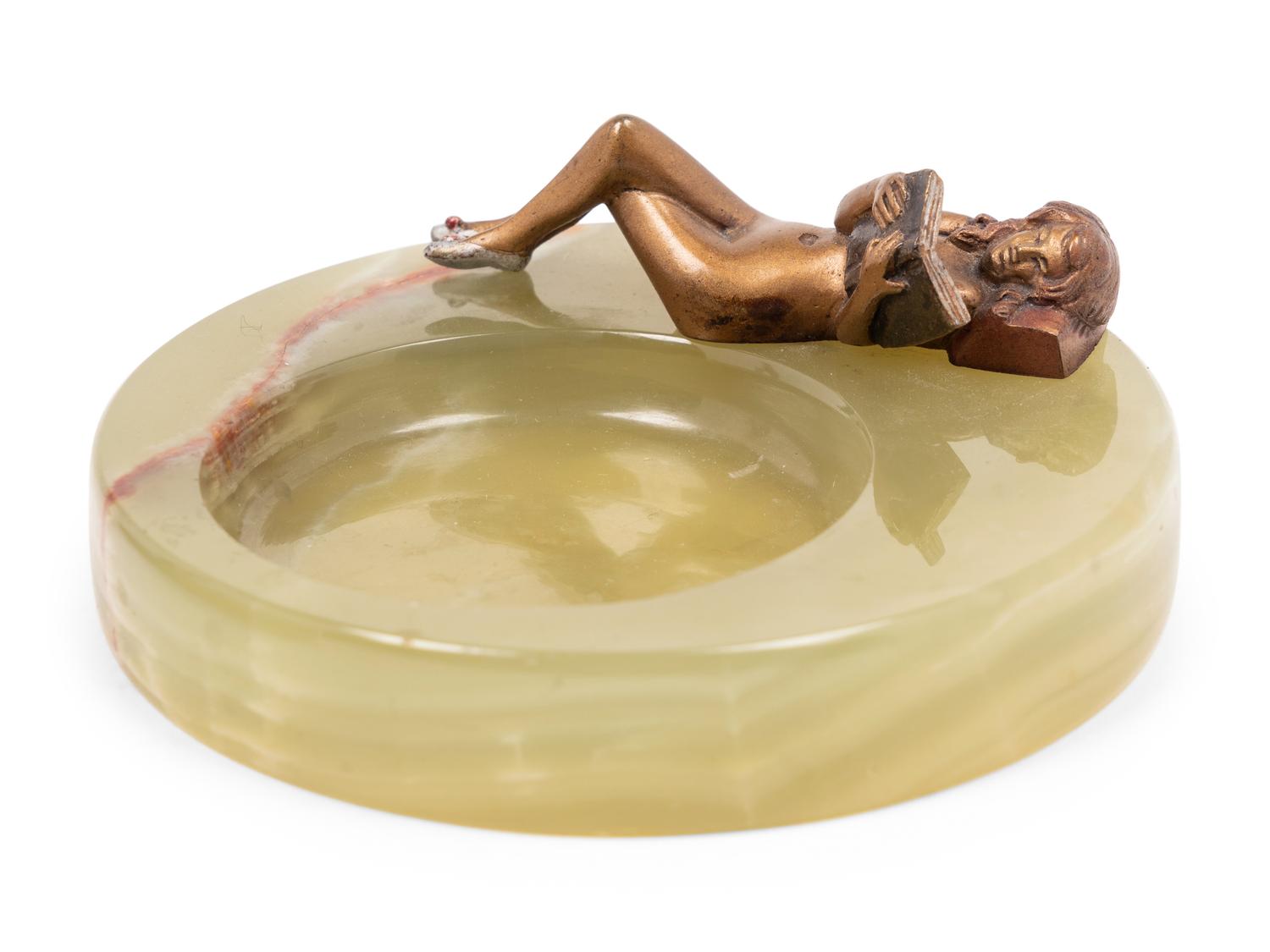 Three Art Deco Onyx and Bronze Figural Vide Poches