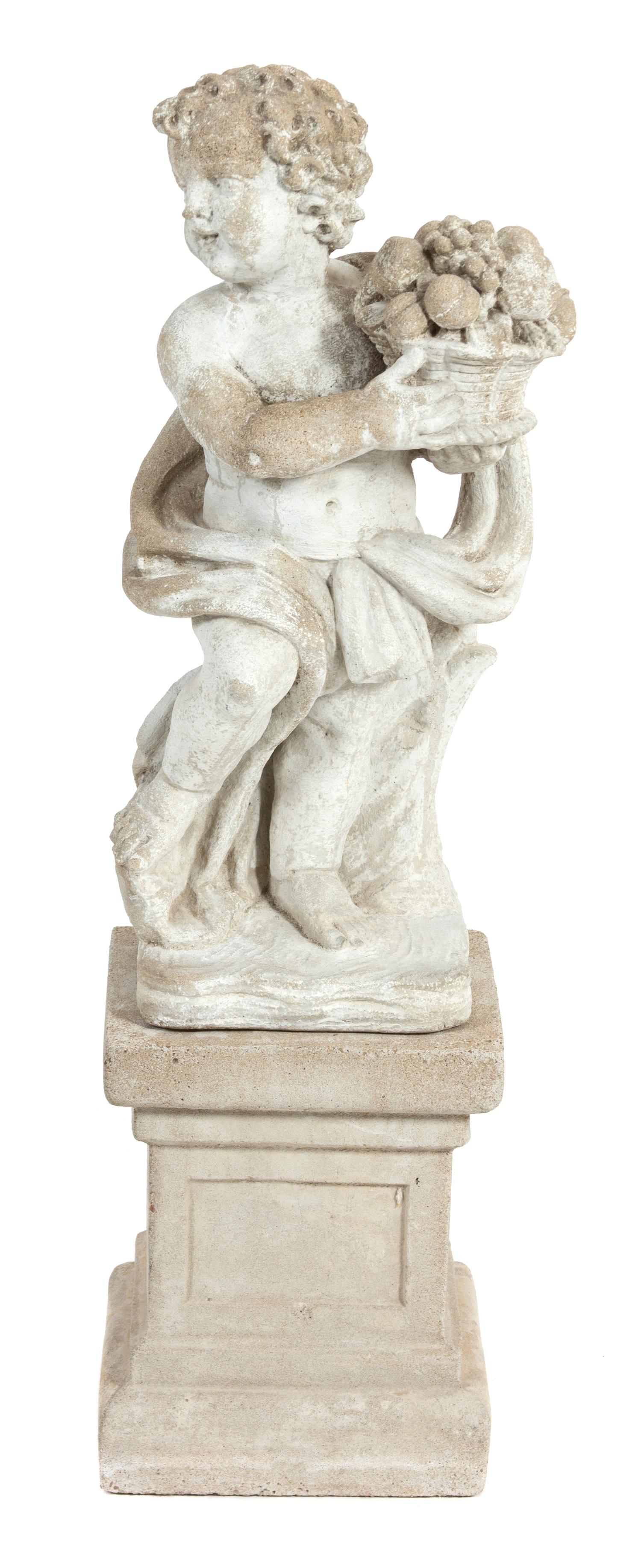 A Garden Statuary Carved Stone Figure of a Cherub Holding a Basket of Fruit Height 40 inches. — 20TH CENTURY