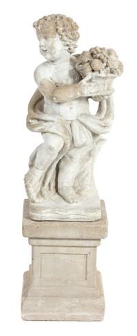 A Garden Statuary Carved Stone Figure of a Cherub Holding a Basket of Fruit Height 40 inches. — 20TH CENTURY