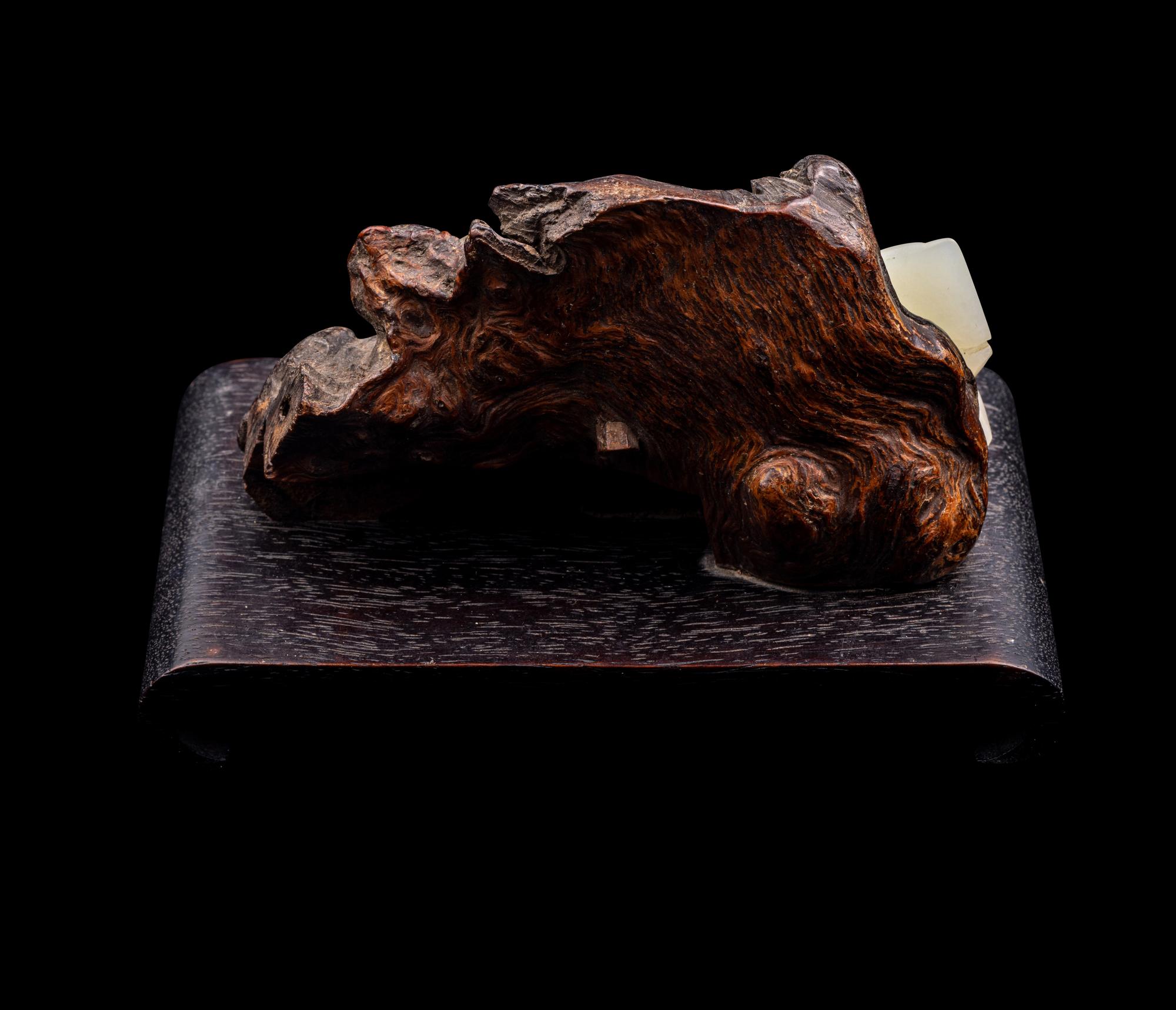 A Carved Celadon Jade and Rootwood Mountain