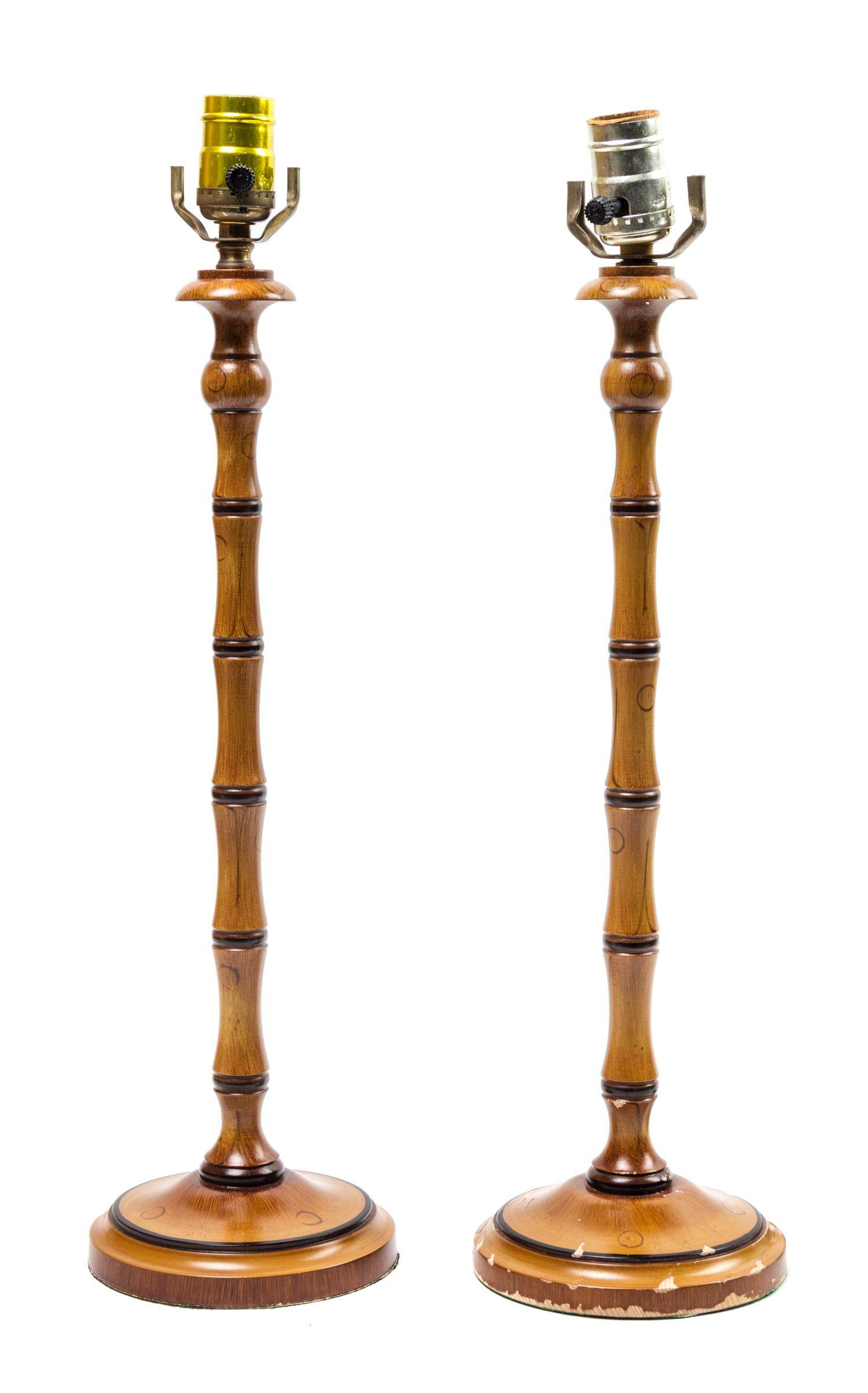 A Pair of Faux Bamboo Candlestick Form Table Lamps Height 25 inches. — 20TH CENTURY