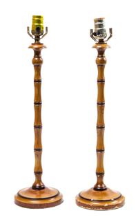 A Pair of Faux Bamboo Candlestick Form Table Lamps Height 25 inches. — 20TH CENTURY