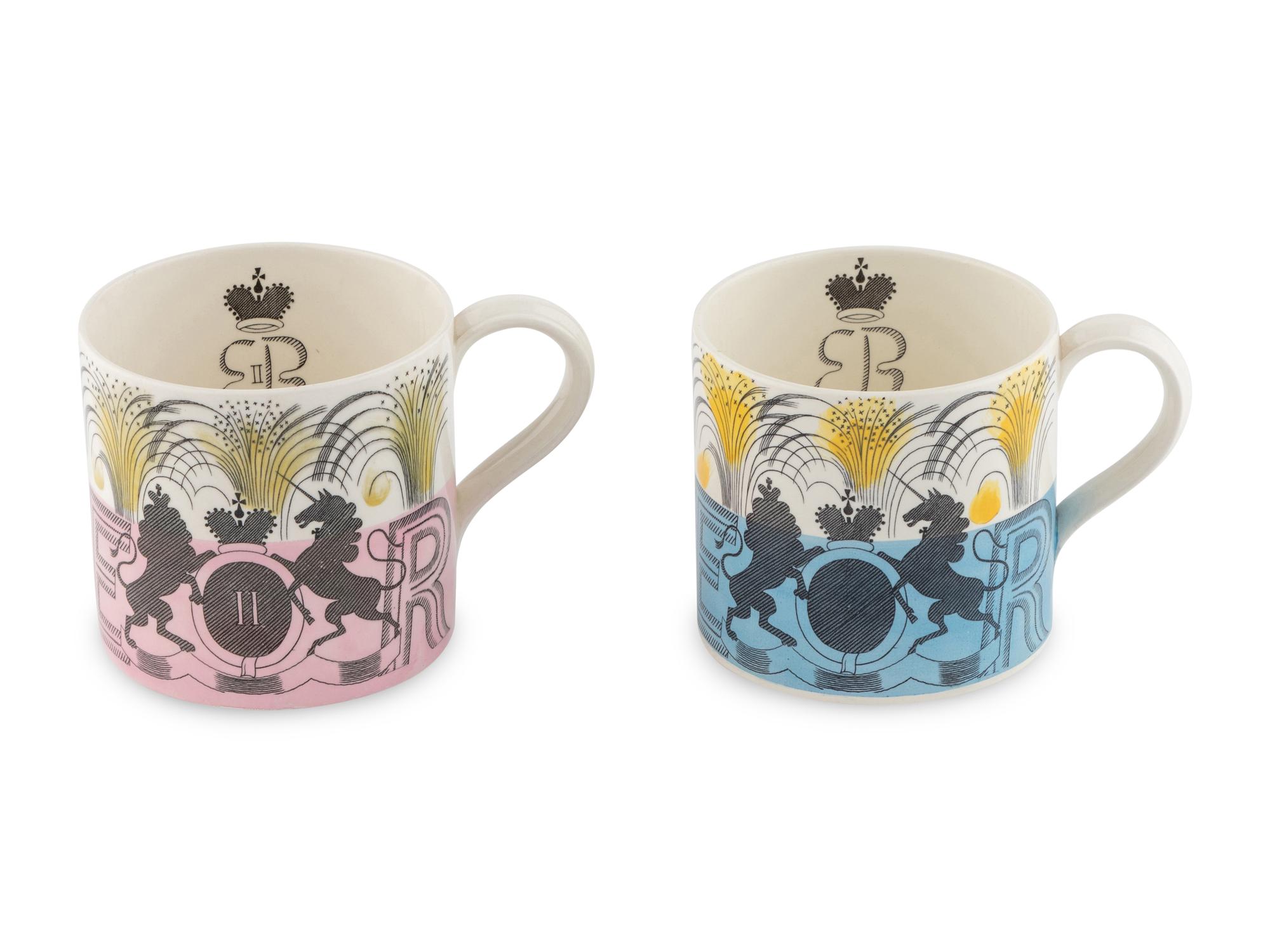 Two Eric Ravilious for Wedgwood Commemorative Mugs, George VI and Elizabeth II