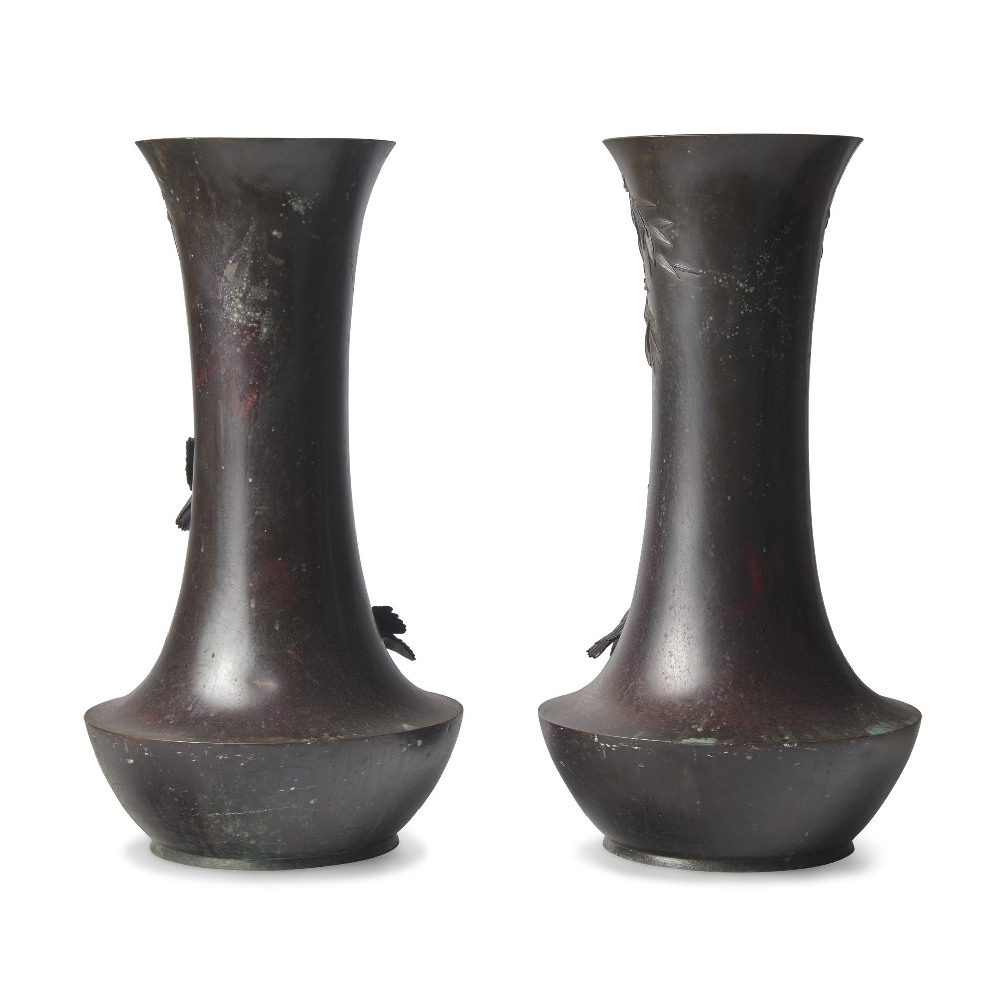 A Pair of Large Japanese Patinated Bronze Vases, Meiji Period, 19th Century