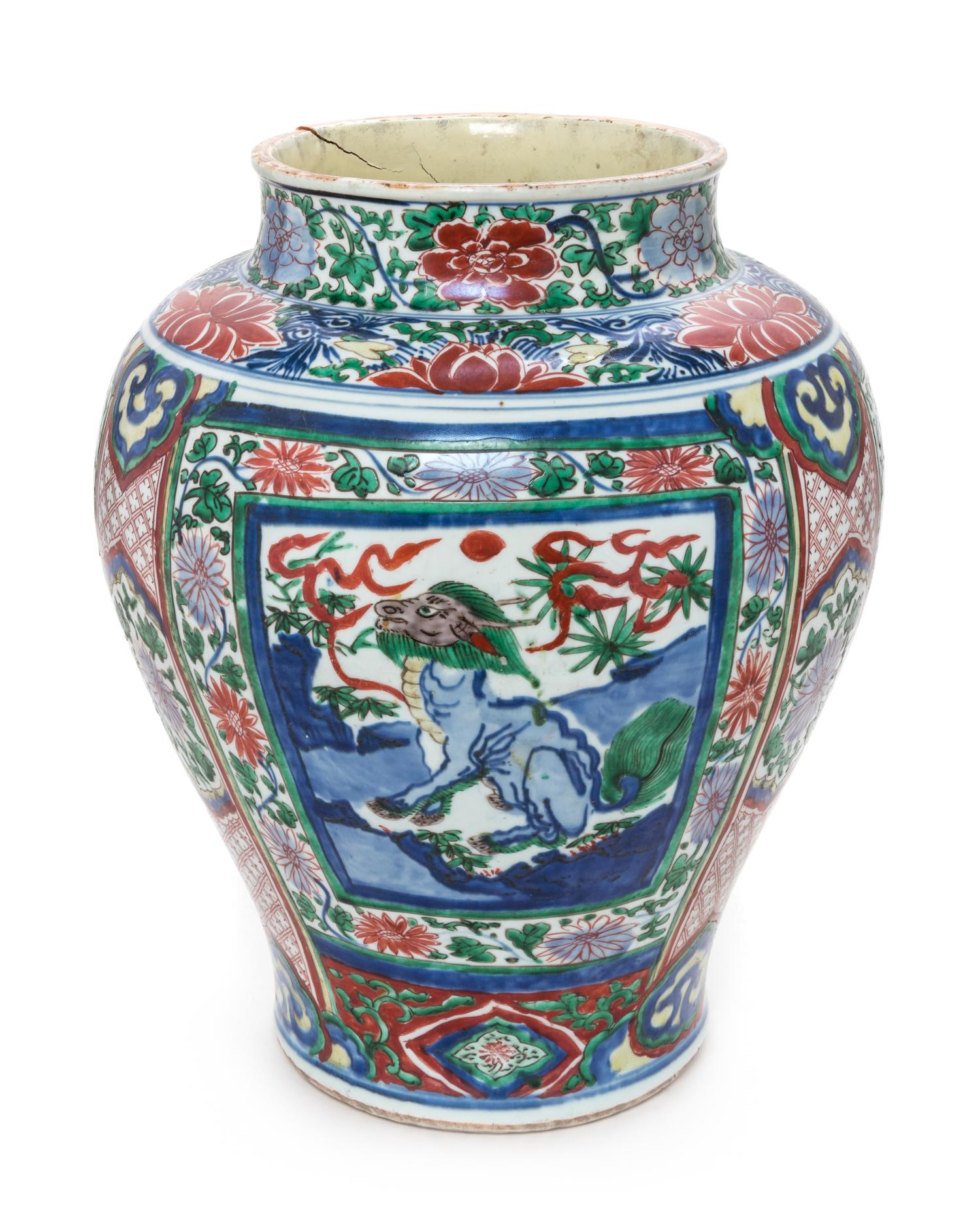 A Wucai Porcelain Jar Height 14 inches. — SHUNZHI PERIOD (1644-1661)