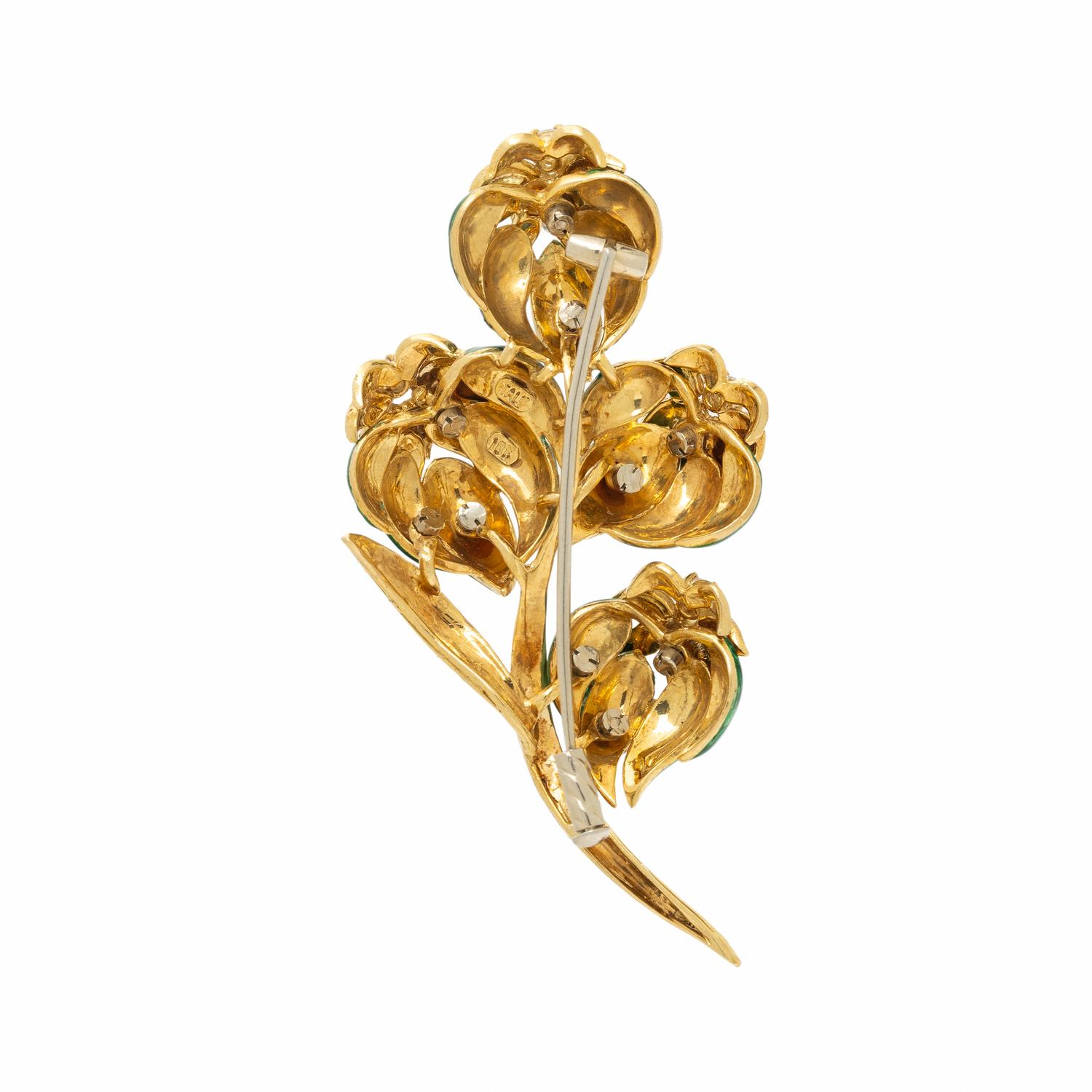 YELLOW GOLD, ENAMEL, AND DIAMOND FOLIATE BROOCH
