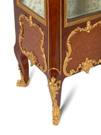 A Louis XV Style Gilt Bronze Mounted Marquetry Marble-Top Vitrine Cabinet
